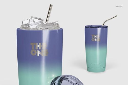 Gradient powder coated tumbler with metal straw and ice cubes, front view on a white background.
