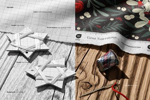 Cotton fabric mockup with a Christmas-themed pattern, shown on a wooden surface with sewing props and thread.