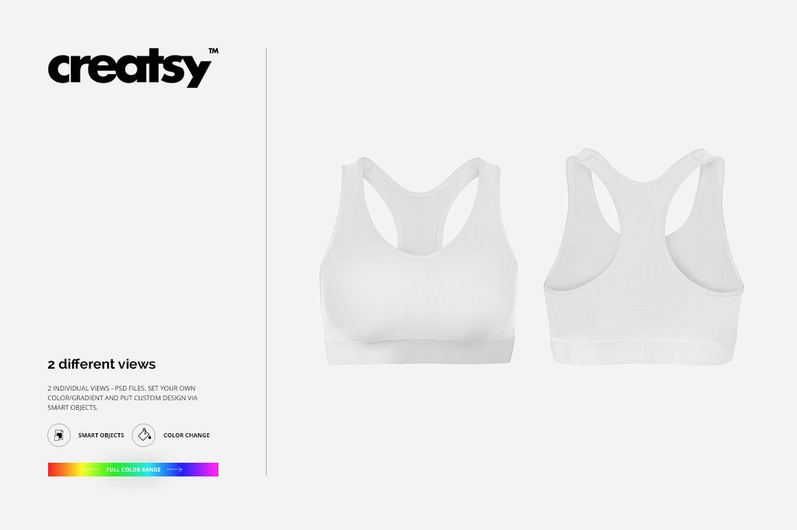 White sport bra mockup set showing both front and back views on a plain white background with neutral lighting.
