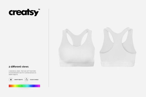 White sport bra mockup set showing both front and back views on a plain white background with neutral lighting.