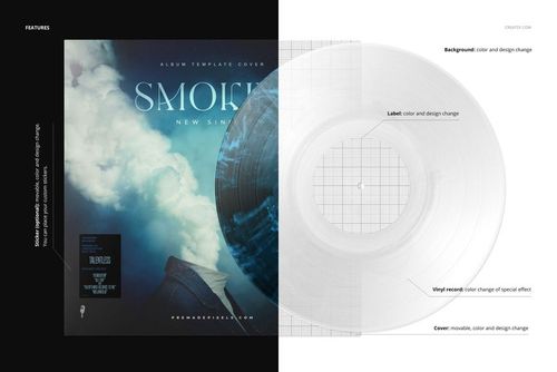Front view of a vinyl record and cover mockup with smoke effect, featuring a split layout and editable design elements.