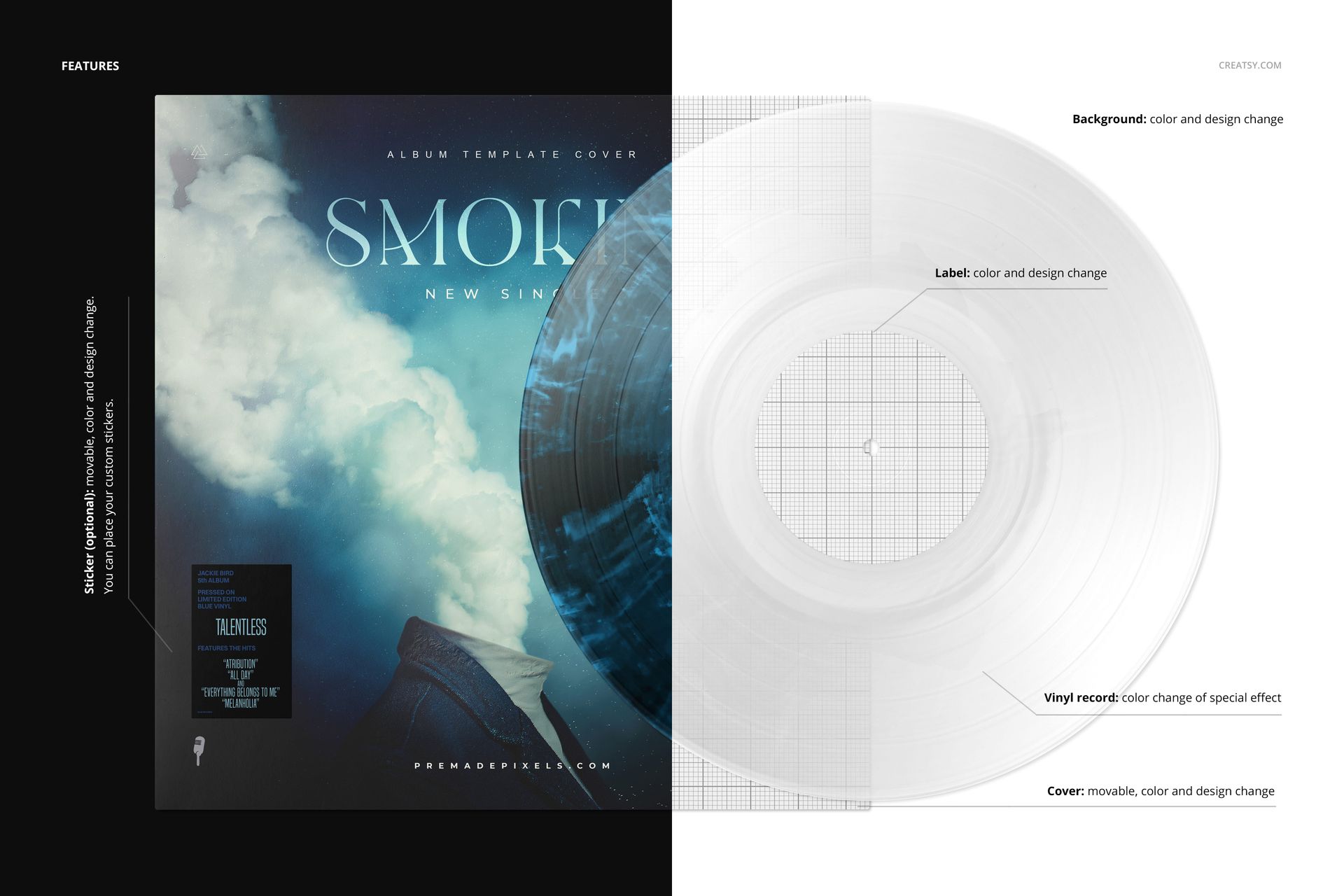 Front view of a vinyl record and cover mockup with smoke effect, featuring a split layout and editable design elements.