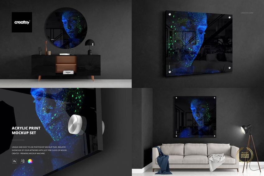 Acrylic print mockup featuring a square panel with abstract blue and green artwork, displayed on a dark wall.