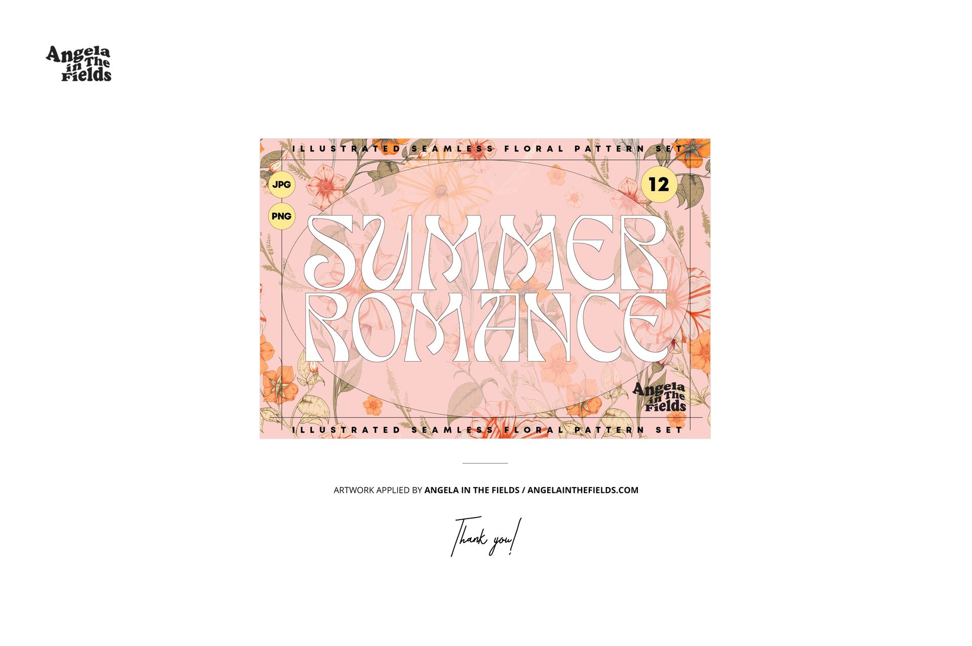 Front view of a pink oven mitt mockup featuring a delicate floral pattern with orange and green accents on a white background.