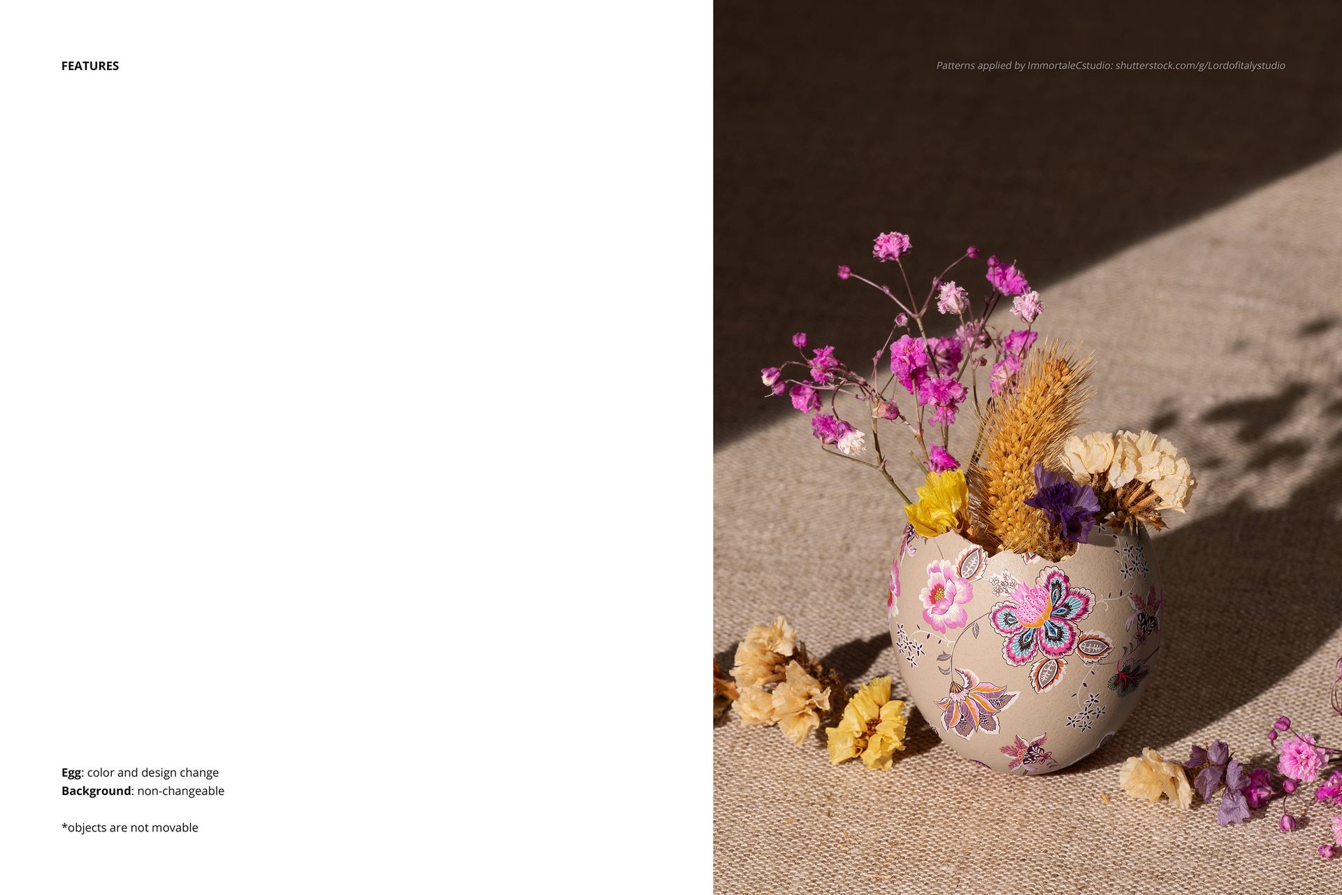 Retro style Easter egg shell mockup featuring colorful floral designs and filled with pink and yellow dried flowers.