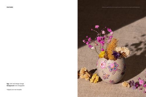 Retro style Easter egg shell mockup featuring colorful floral designs and filled with pink and yellow dried flowers.