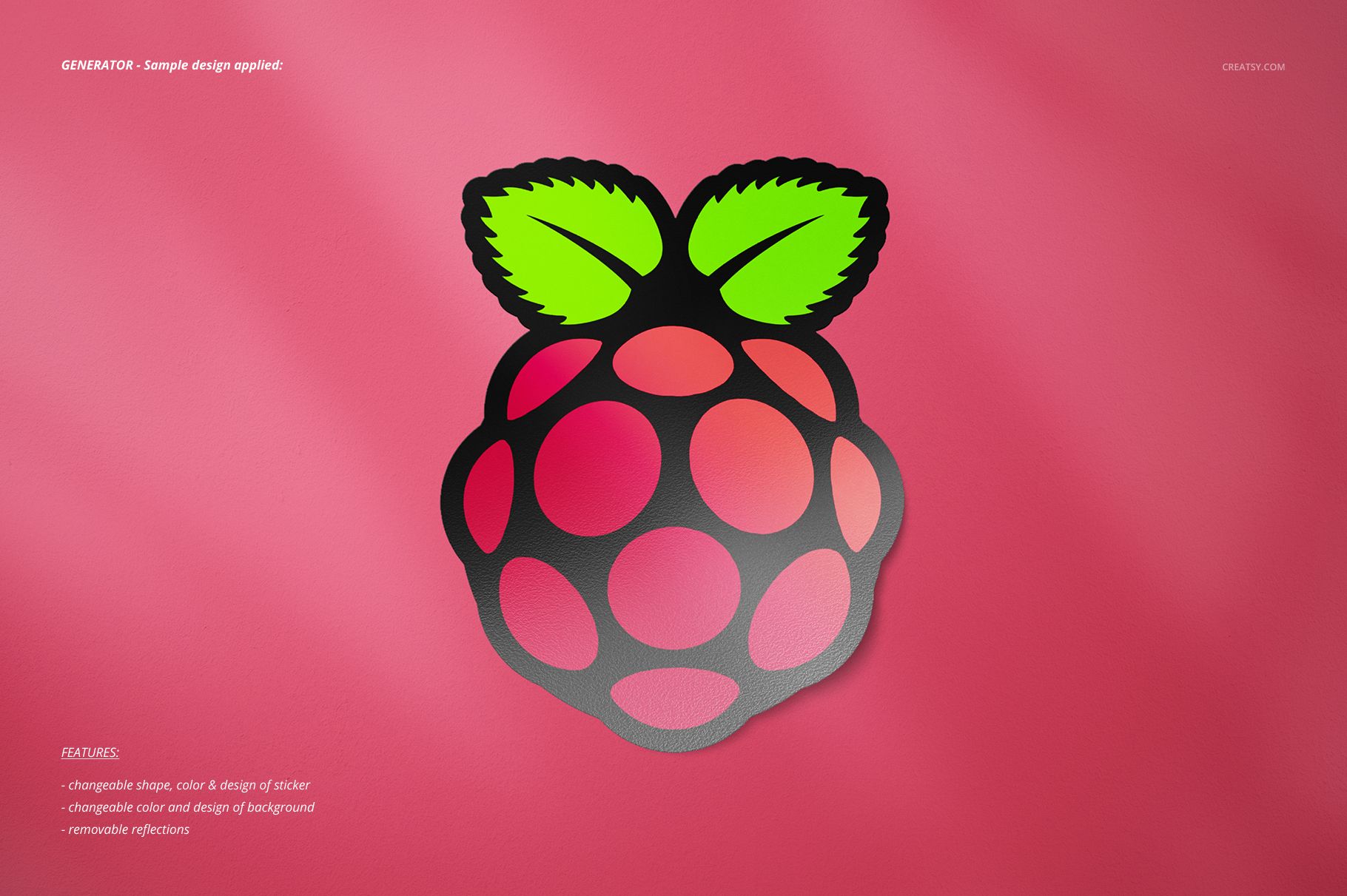 Sticker with raspberry fruit shape and green leaves, shown on a pink background in a stationery mockup scene.