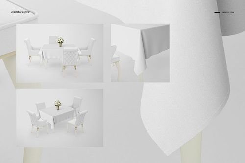 White tablecloth mockup shown from multiple angles, including close-up and full table views with white chairs.