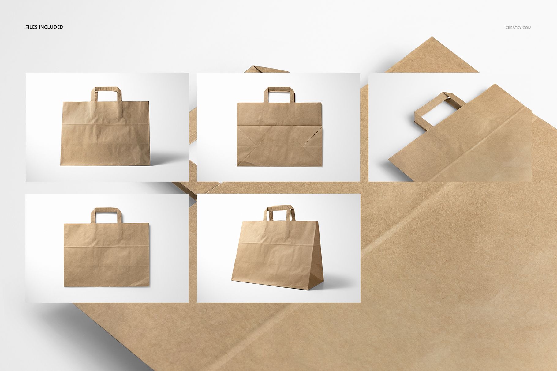 Folded handle kraft paper bag mockup set showing multiple views of a brown paper bag on a white background.