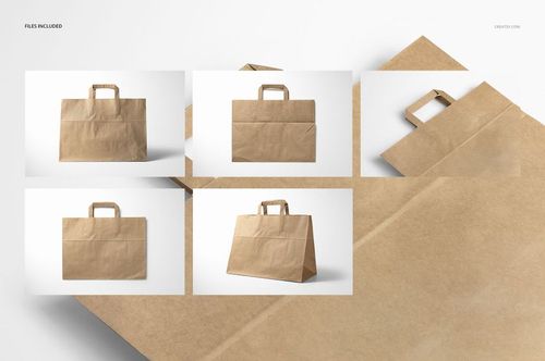 Folded handle kraft paper bag mockup set showing multiple views of a brown paper bag on a white background.