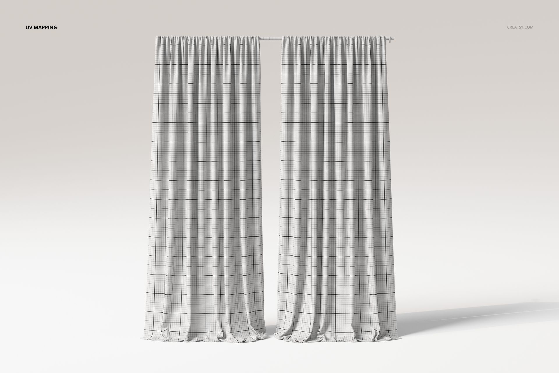 Front view of two flowing curtains with a subtle grid pattern, displayed against a plain light background.