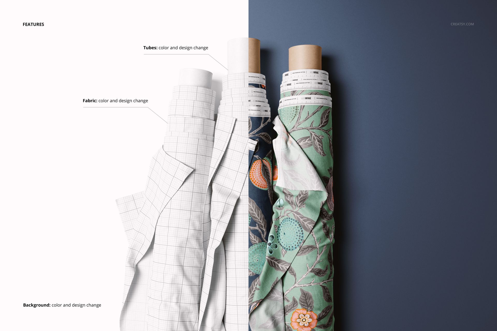 Upright fabric rolls with grid, floral, and abstract designs, positioned on a two-tone background for mockup presentation.
