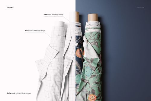 Upright fabric rolls with grid, floral, and abstract designs, positioned on a two-tone background for mockup presentation.