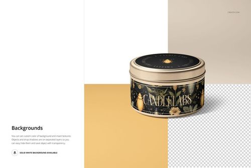 4 oz candle tin mockup with botanical design, displayed on a beige surface with white and transparent sections.