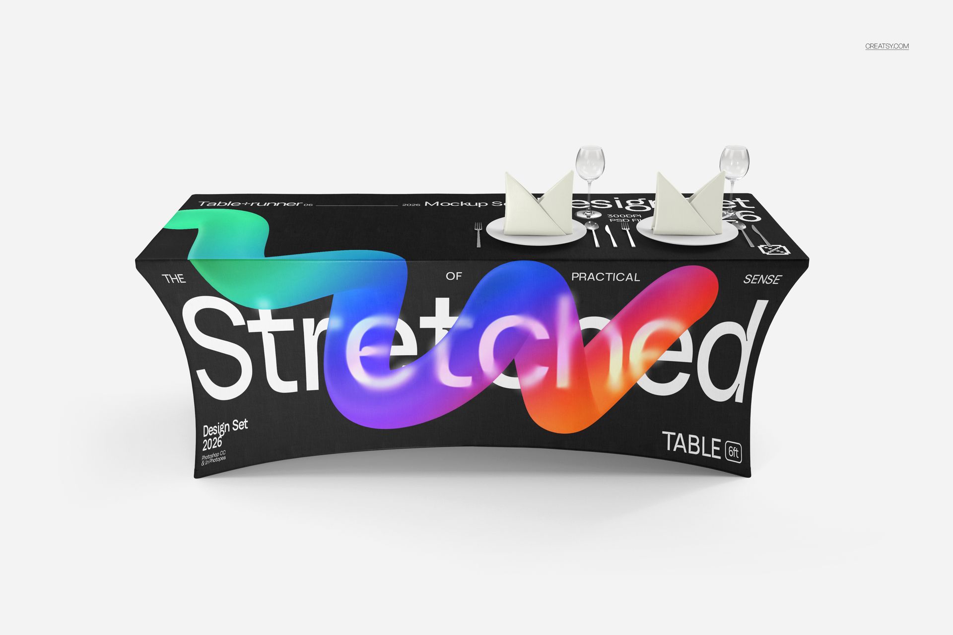 Front view of a stretched tablecloth mockup with a colorful abstract wave pattern and place settings on top.