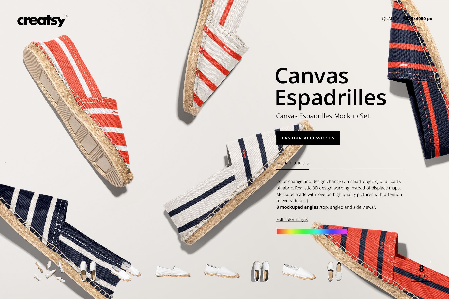 Canvas espadrilles mockup set featuring multiple pairs of shoes in red, navy, and beige stripes on a light background.