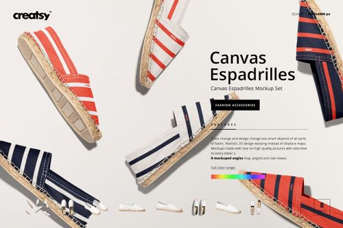 Canvas espadrilles mockup set featuring multiple pairs of shoes in red, navy, and beige stripes on a light background.