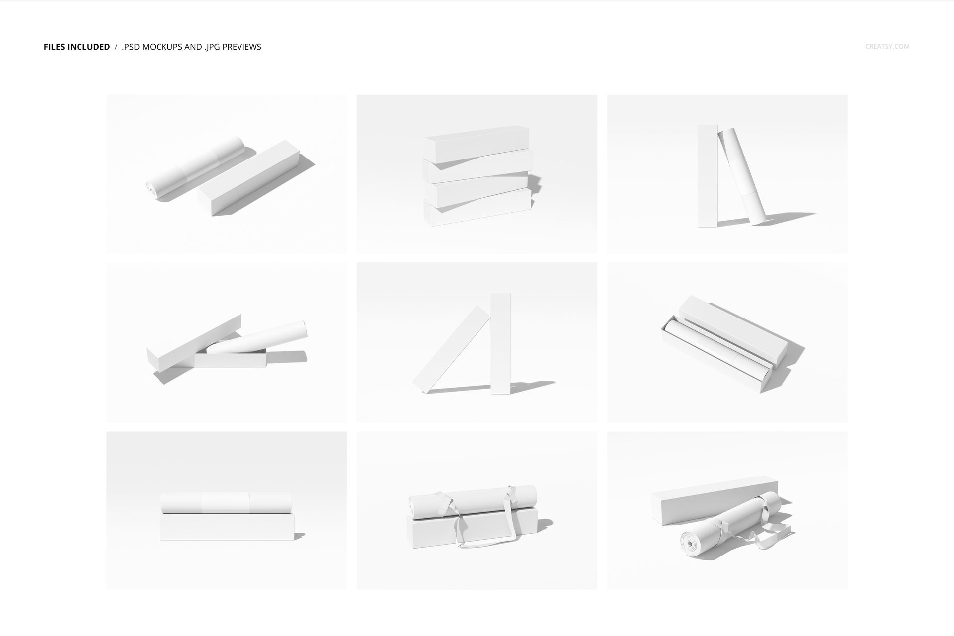 Set of yoga mat mockups in various rolled and stacked positions, displayed on a white background from different angles.