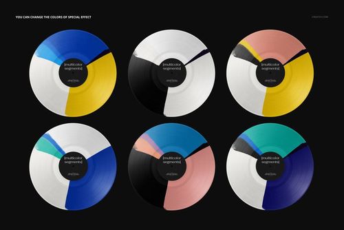 PSD mockup of vinyl records with geometric color blocks in blue, yellow, black, pink, teal, and white, arranged side by side.