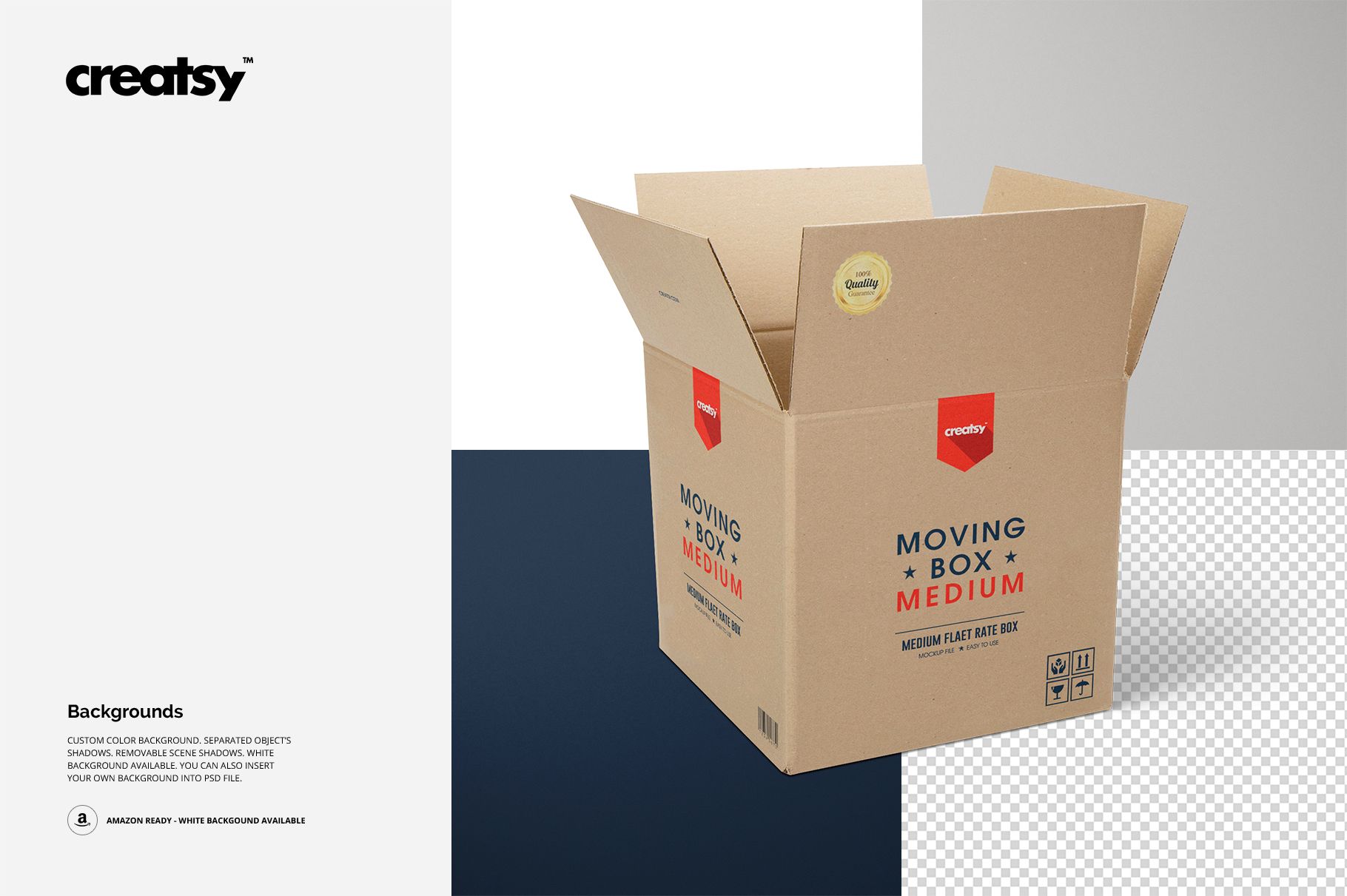 Medium-sized cardboard moving box mockup with printed text, shown in a three-quarter front view on a neutral background.