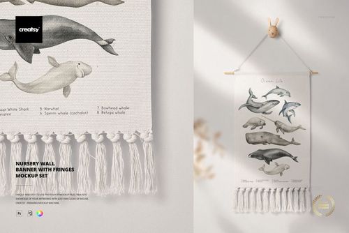 PSD mockup of a nursery wall banner with fringe details, displaying aquatic animal illustrations on textured fabric.