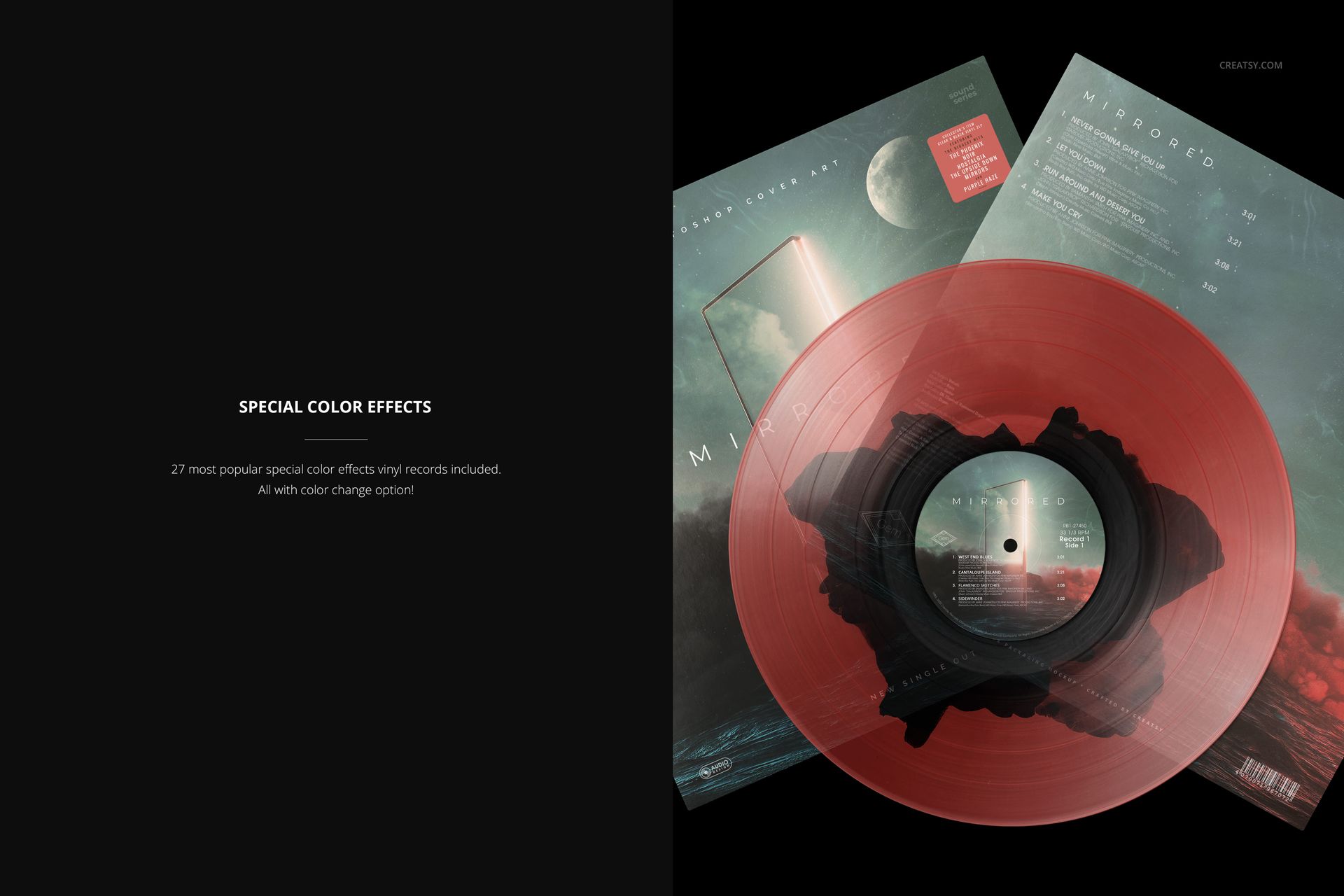 PSD mockup showing a red transparent vinyl record placed over two illustrated album covers, viewed from above.