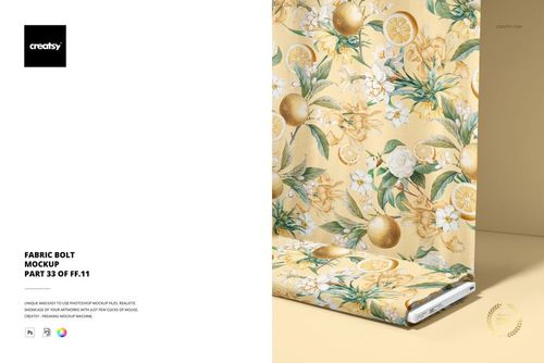 Yellow fabric bolt mockup featuring a botanical lemon and flower design, shown from a front perspective.