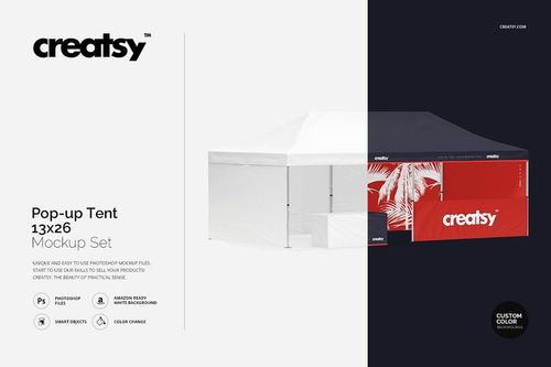 Front view of a pop-up tent with a dark roof and red, white, and black panels, shown as a PSD mockup on a white background.