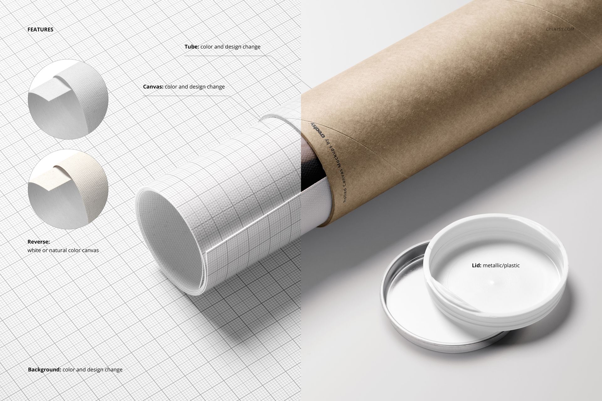 Rolled canvas print mockup featuring a brown cardboard tube with a removable white lid, shown on a grid background.