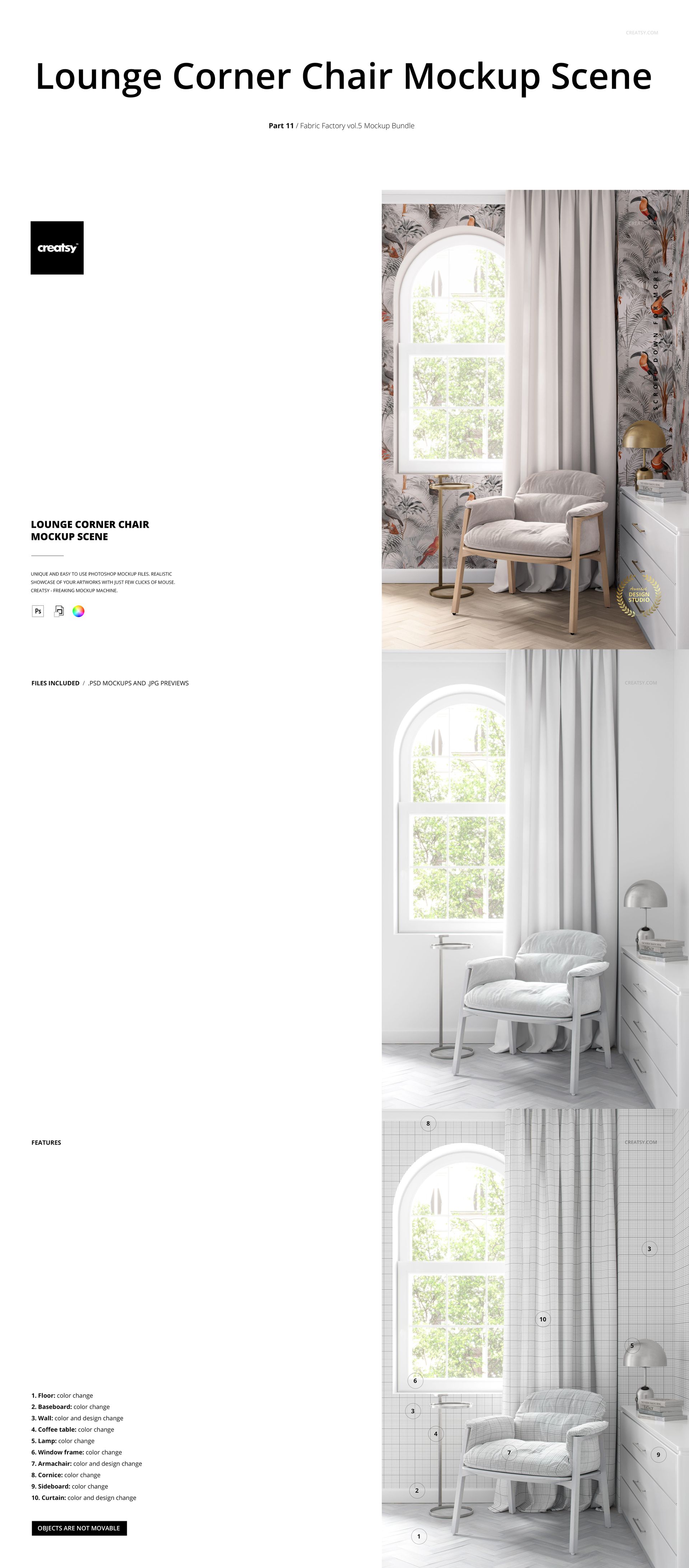 Mockup scene showing a lounge chair with pillows by an arched window, featuring patterned walls and soft lighting.