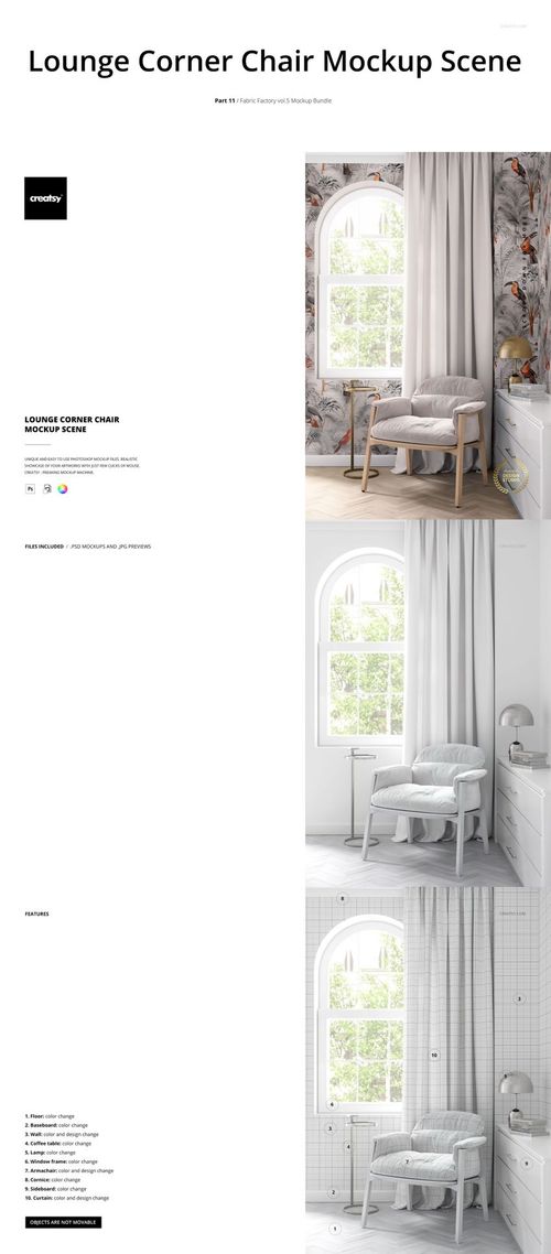 Mockup scene showing a lounge chair with pillows by an arched window, featuring patterned walls and soft lighting.