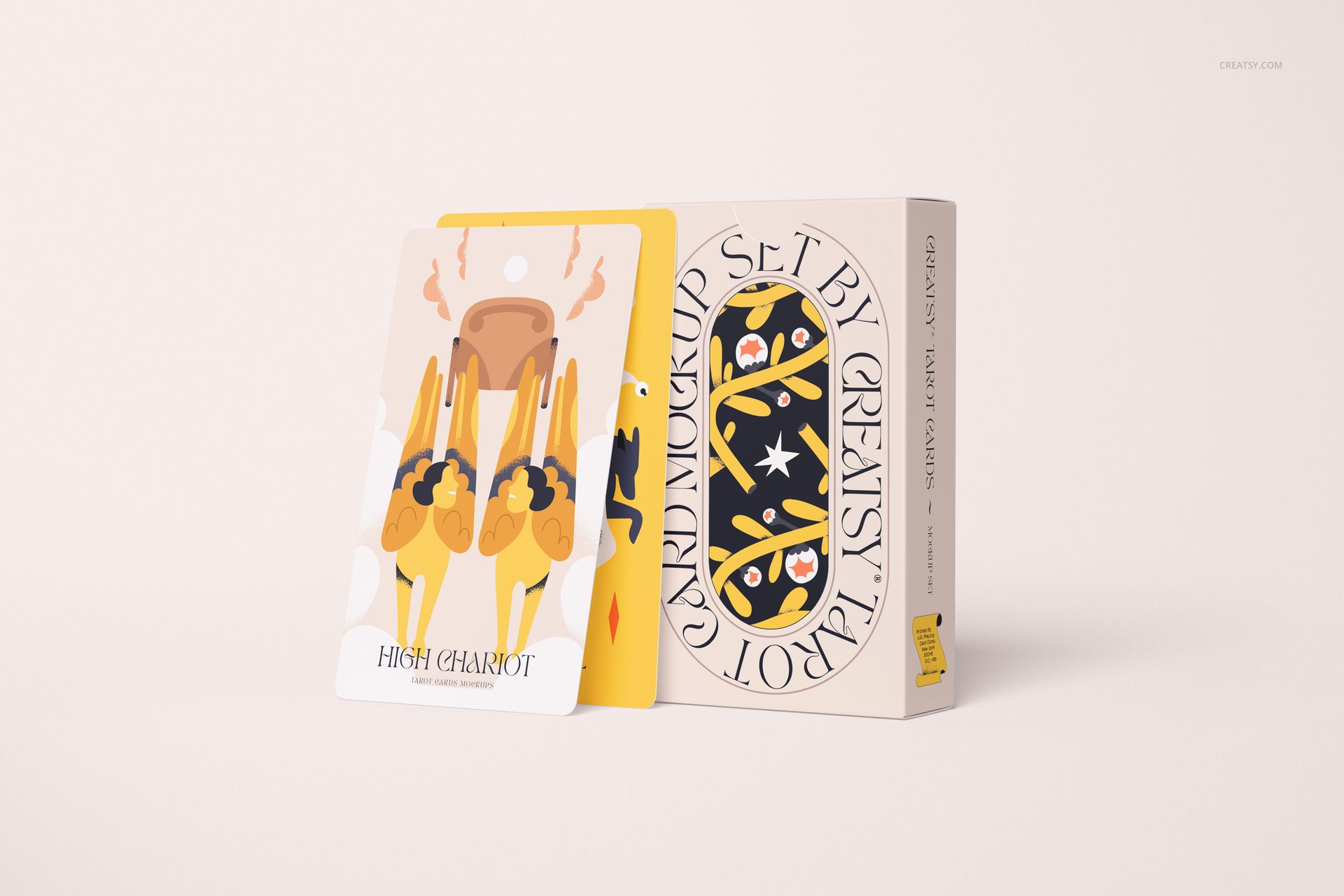 Tarot card mockup set featuring illustrated cards and a decorative box, displayed against a neutral backdrop.