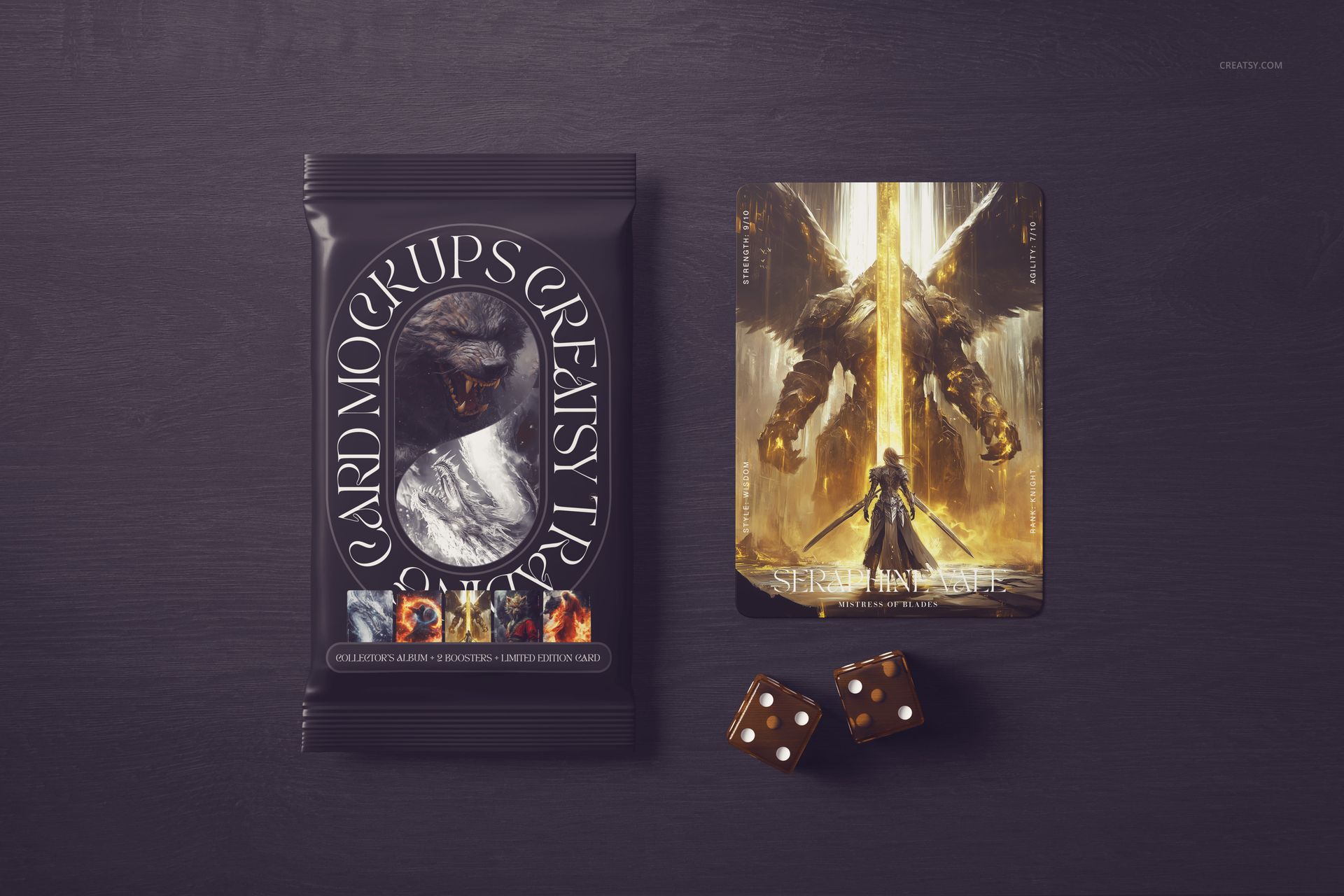 Trading card mockup featuring a sealed black card pack, a single illustrated card, and two brown dice on a dark tabletop.