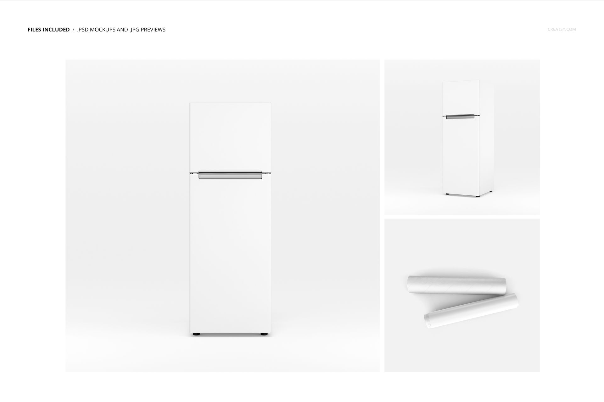 Fridge wrap PSD mockup set featuring a plain white refrigerator and two white wrap sheets on a minimal backdrop.