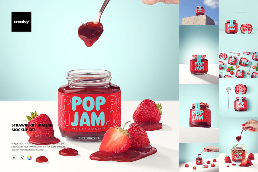 Strawberry jam jar mockup featuring a clear jar with red label, spilled jam, strawberries, and a spoon in a bright setting.