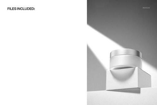 Photorealistic mockup of a round cream jar on a product box, featuring strong light and shadow in a studio setting.