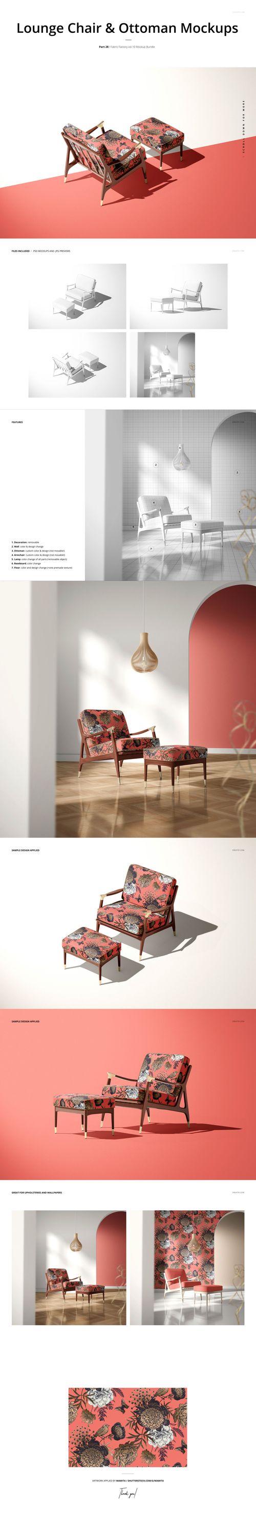 Lounge chair and ottoman mockup set in a modern room, featuring red and neutral backgrounds with realistic shadows.