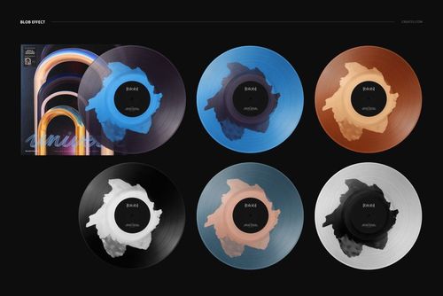 Front view of a PSD mockup set showing six vinyl records with colorful abstract splashes and a coordinating cover design.