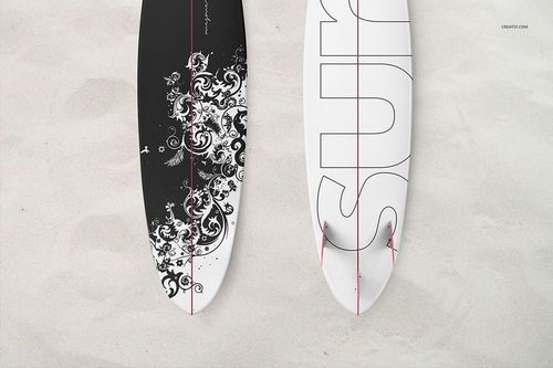 Surfboard hybrid mockup showing a pair of boards on a sandy surface, featuring contrasting graphic designs.