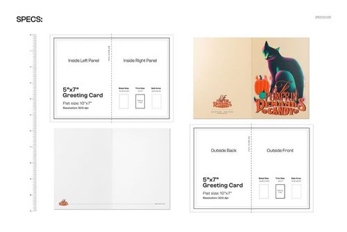 Greeting card mockup featuring a vintage Halloween design with a black cat and pumpkins on the front cover, shown flat and folded.