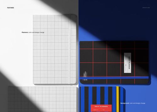 PSD mockup showing four leather planners with distinct cover styles, set on contrasting blue and white surfaces.