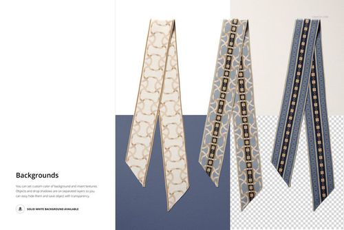 Three twilly scarves displayed vertically, each with a unique geometric pattern and neutral color tones on a mockup scene.