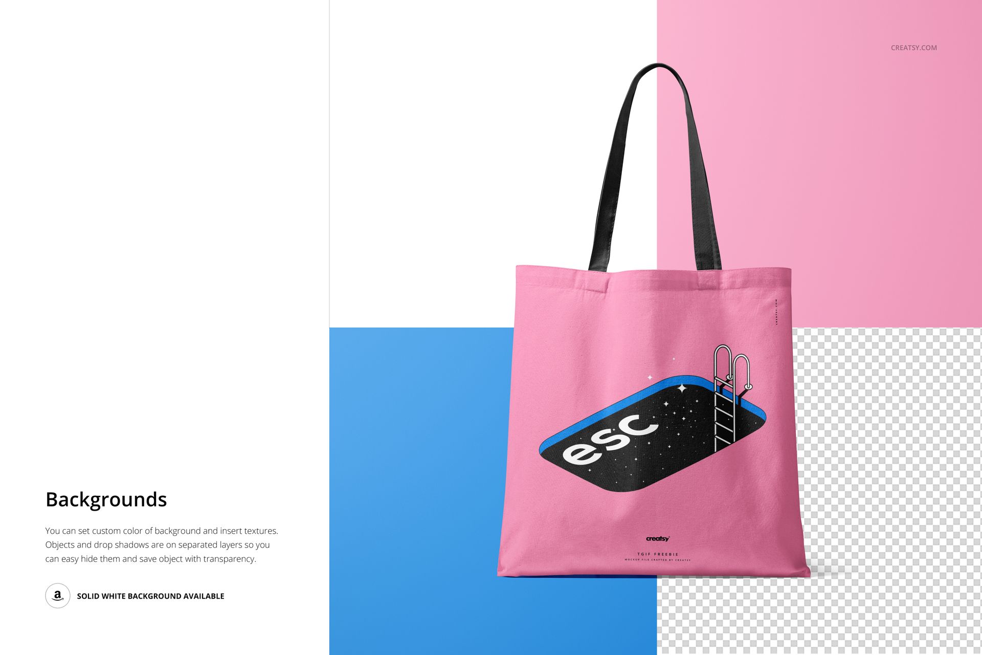 Pink tote bag mockup with black straps, displayed against a split background of white, blue, and pink panels.