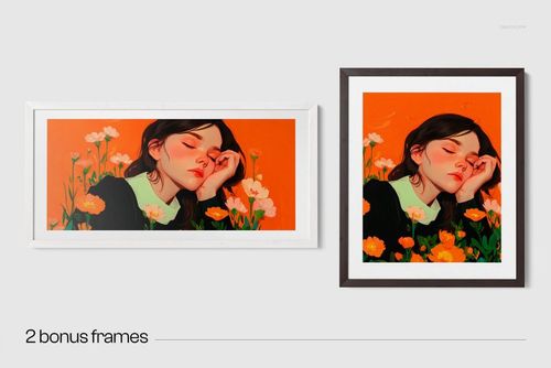 PSD mockup showing rectangular and portrait wooden frames with vibrant orange flower artwork on a light wall.