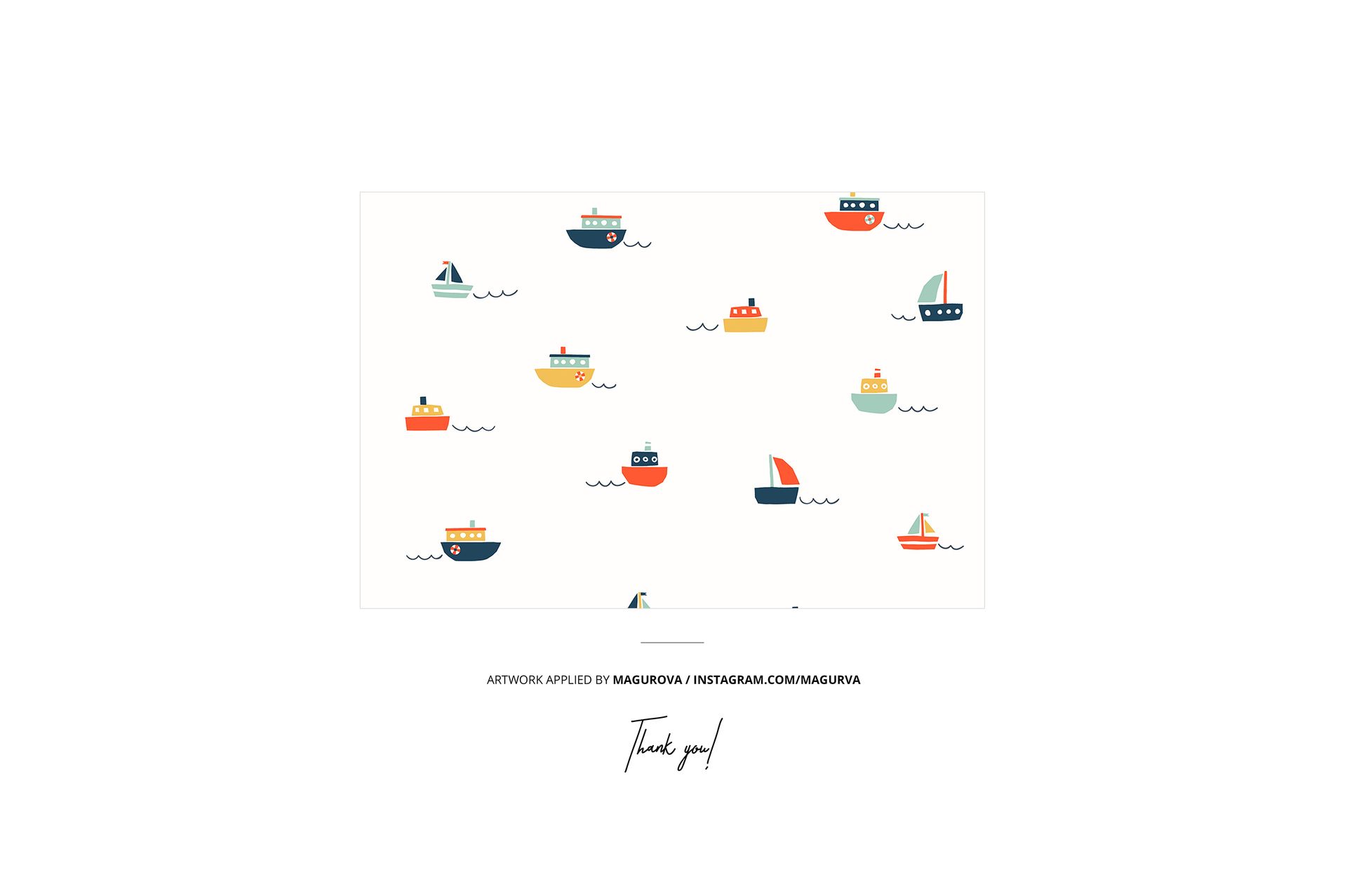 Fitted crib sheet mockup featuring a nautical pattern with colorful boats and waves on a white background, top view.