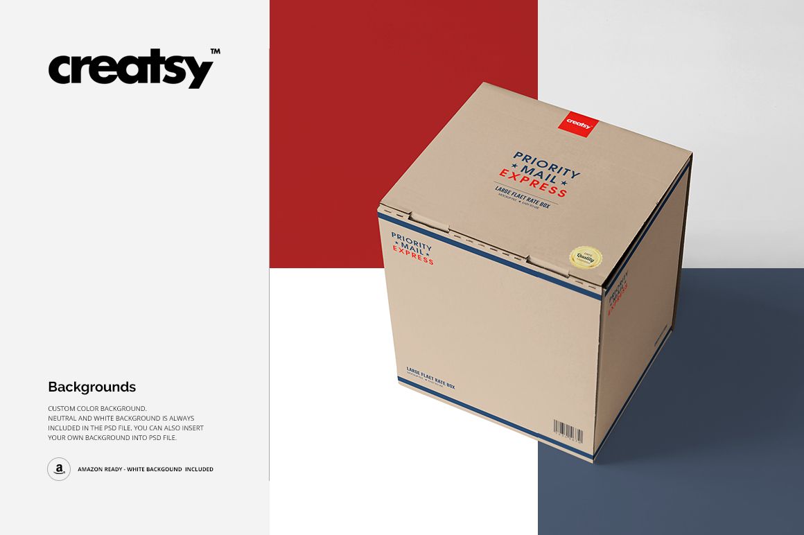 Cardboard mailing box mockup with printed labels, displayed on a color-blocked background with neutral tones.