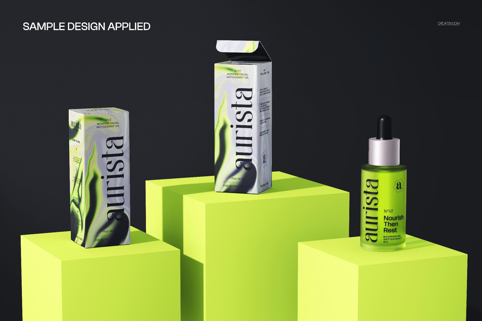 Cosmetic serum PSD mockup showing three packaging types arranged on vivid yellow pedestals against a black backdrop.