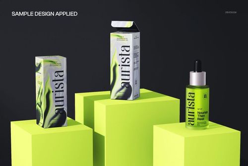 Cosmetic serum PSD mockup showing three packaging types arranged on vivid yellow pedestals against a black backdrop.