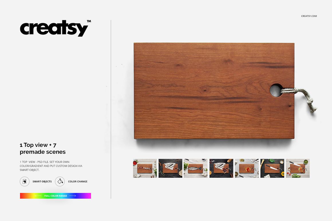 Rectangular wooden board mockup shown from above, featuring a hole with a rope and visible wood texture on white.