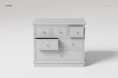 Front view of a raised panel chest of drawers with five drawers, shown in a white wireframe UV mapping style on a plain background.